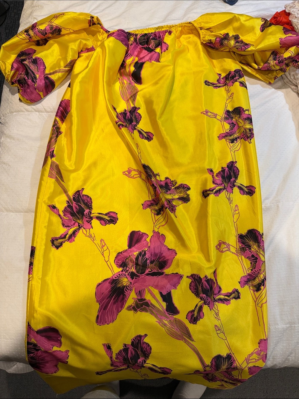 ATSU Yellow Off-Shoulder Floral Dress with Pink Print